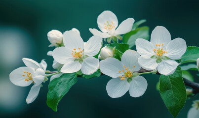 Poster - Beautiful white apple blossoms with delicate petals and vibrant yellow stamens.