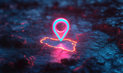 Poster - Neon location pin glowing on textured surface with vibrant blue and pink colors.