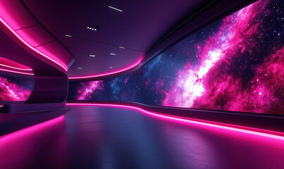Poster - Futuristic interior with cosmic view and vibrant pink lighting.
