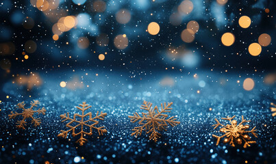 Poster - Glittering snowflakes on blue background with bokeh lights for festive winter decoration.