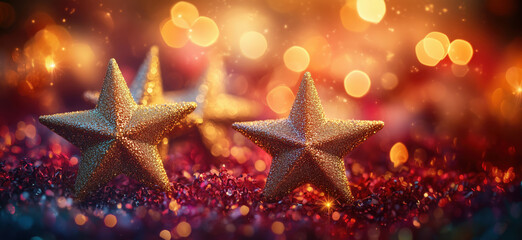 Poster - Golden glittering stars on festive background with bokeh lights and sparkles.