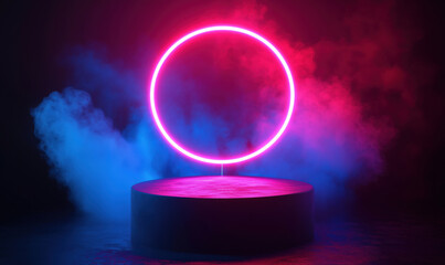 Poster - Neon circle light display on pedestal with colorful smoke effects in dark environment.