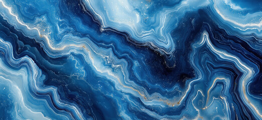 Poster - Blue abstract marble texture with flowing patterns and waves of color.