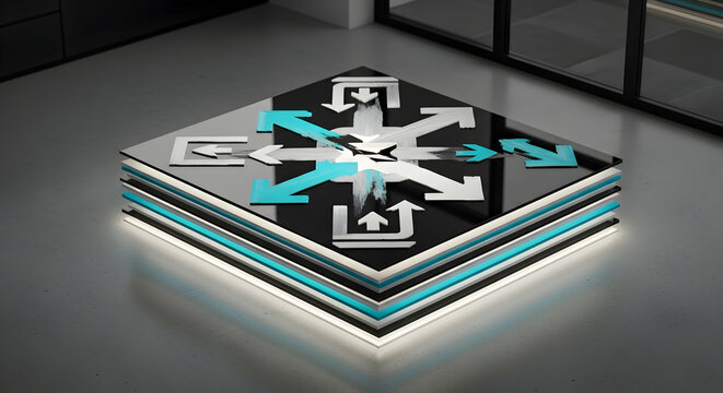 Modern abstract art piece featuring directional arrows on a layered platform object