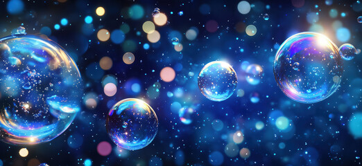 Poster - Colorful soap bubbles floating in a dreamy bokeh background with sparkling lights.