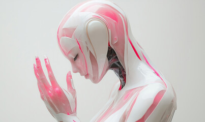 Poster - Futuristic humanoid robot with translucent pink and white design in contemplative pose.