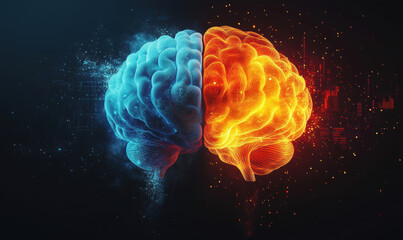 Poster - Duality of human brain represented in blue and orange colors showcasing creativity and logic.