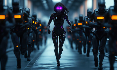 Poster - Futuristic female android with glowing eyes leading a squad of robotic soldiers.
