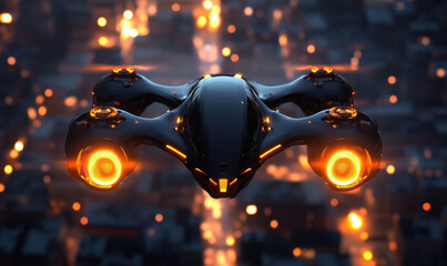 Poster - Futuristic black drone flying over illuminated cityscape at night.