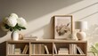 © Janet - minimalist beige bookshelf with books white hydrangeas lamp and framed art zoom virtual background virtual meeting cozy interior backdrop stylish living room design contemporary spaces