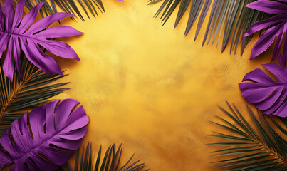Poster - Vibrant tropical leaves on golden background creating a stylish summer vibe.