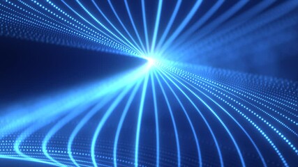 Poster - Futuristic digital tunnel with flowing blue light lines forming a vortex, symbolizing speed, data, and technology