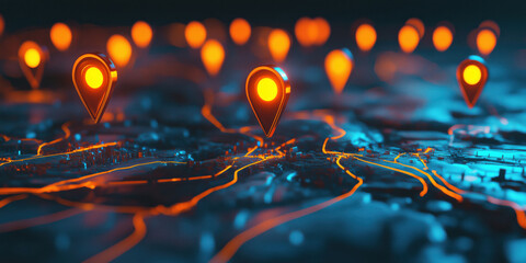 Poster - 3D Map Visualization with Glowing Location Pins and Network Connections.