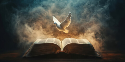Poster - Open book with dove flying above, symbolizing peace and knowledge in a mystical atmosphere.