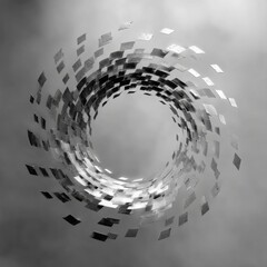 Poster - Dynamic swirl of gray squares creates a captivating abstract design against a cloudy backdrop, evoking a sense of movement and depth.