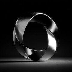 Poster - A unique metallic sculpture depicts intertwined forms, capturing light beautifully. The artistic piece stands prominently in a dark environment, highlighting its smooth curves and modern design.