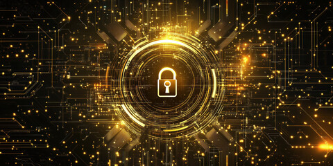Poster - Digital lock symbol on glowing circuit background representing cybersecurity and data protection.
