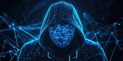 Poster - Digital hacker in a hooded cloak with glowing blue facial patterns and network background.