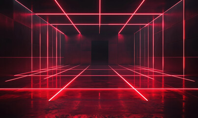 Poster - Futuristic neon-lit room with red laser grid and reflective floor design.