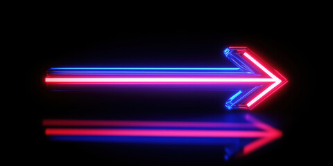  - Neon arrow sign glowing in blue and red colors on black background.