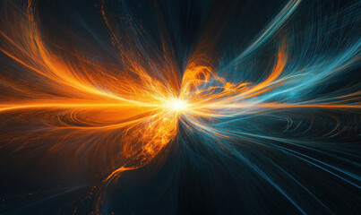 Poster - Vibrant abstract energy explosion with orange and blue swirling patterns.