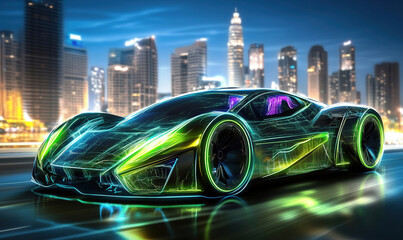 Poster - Futuristic neon sports car with glowing lines in urban cityscape at night.