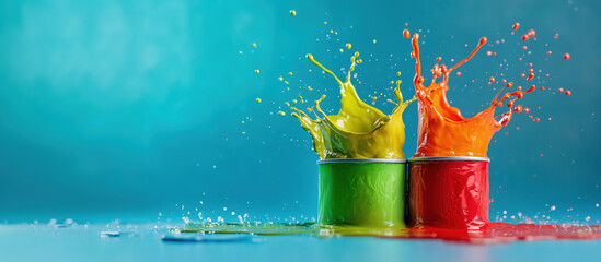 Poster - Vibrant paint splashes from green and orange cans against a blue background.