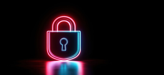 Poster - Neon lock symbol glowing in dark background representing security and protection.