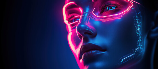 Poster - Futuristic cybernetic face with neon lights and digital elements.