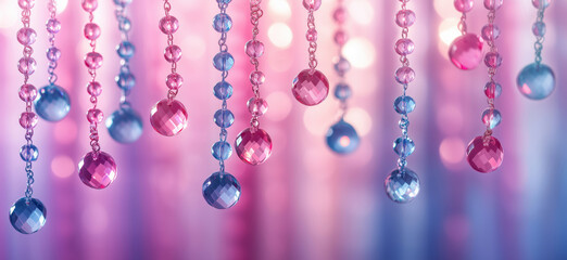 Poster - Colorful crystal beads hanging in soft pink and blue gradient background.