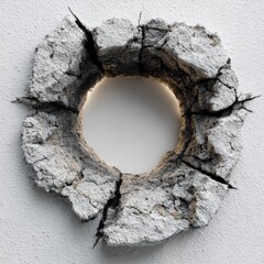 Poster - A circular hole is formed in a cracked concrete wall, with soft light emanating from behind. The texture and roughness highlight an industrial aesthetic, evoking modern minimalism.