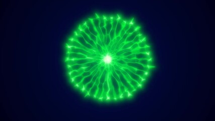 Poster - Bright green plasma orb radiating energy with glowing electric tendrils on a deep blue background