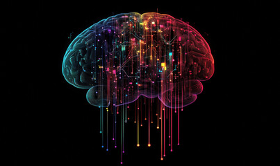Poster - Colorful abstract brain illustration with digital data streams and neural connections.