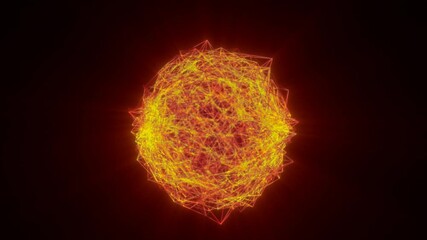 Poster - Bright abstract orange sphere made of glowing tangled lines, radiating heat and energy on a dark background