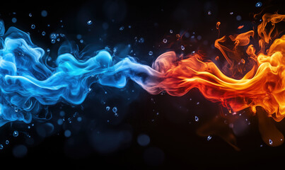Poster - Dynamic clash of blue and orange smoke with bubbles on black background.