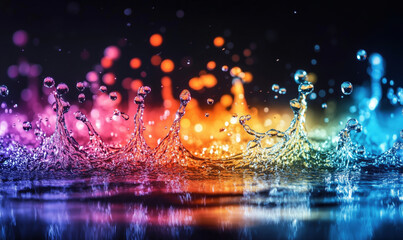 Poster - Colorful water splash with vibrant rainbow hues and reflections on surface.