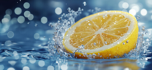 Poster - Fresh lemon slice splashing in water with bokeh background and vibrant colors.