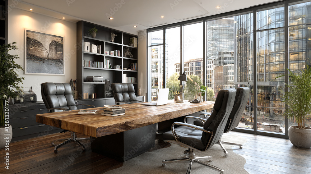 Executive office interior with large wooden desk and city view through ...