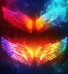 Poster - Colorful angel wings with vibrant hues and cosmic background effects.