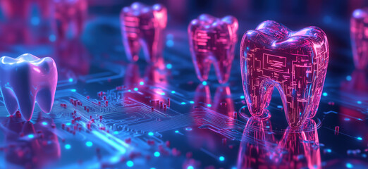 Poster - Futuristic digital teeth design with glowing circuits and neon colors.