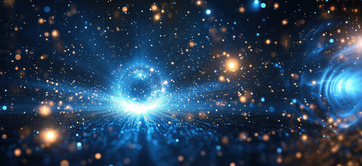 Poster - Cosmic vortex with glowing particles and light effects in deep space.