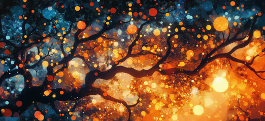Poster - Abstract tree branches with colorful bokeh lights in orange and blue hues.