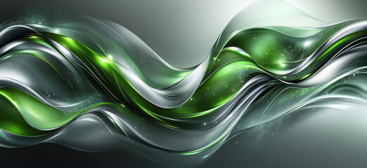 Poster - Abstract green and silver wave design with smooth flowing lines and sparkles.