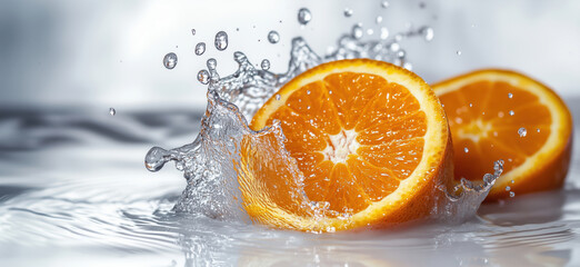Poster - Fresh orange slices splashing in water creating dynamic droplets and ripples.