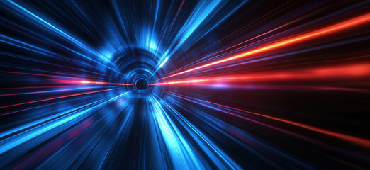  - Futuristic light tunnel with blue and red streaks representing speed and motion.