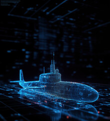 Poster - 3D holographic representation of a submarine with digital data background.
