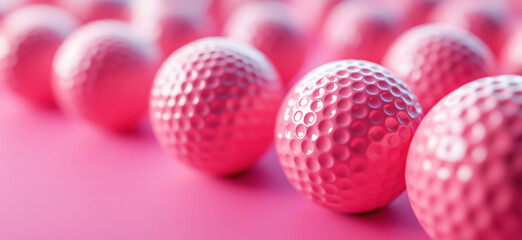 Poster - Pink golf balls arranged in a row on vibrant pink background for sports and design.