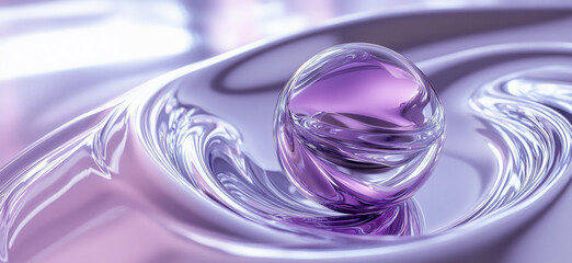 Poster - Abstract purple glass orb on swirling liquid surface with soft reflections and highlights.