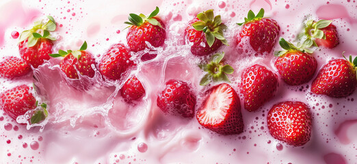 Poster - Fresh strawberries splashing in creamy milk with vibrant pink background.