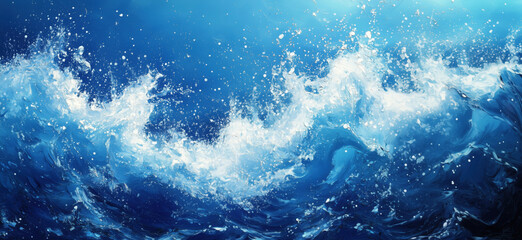 Poster - Dynamic ocean waves splashing against each other in vibrant blue tones.